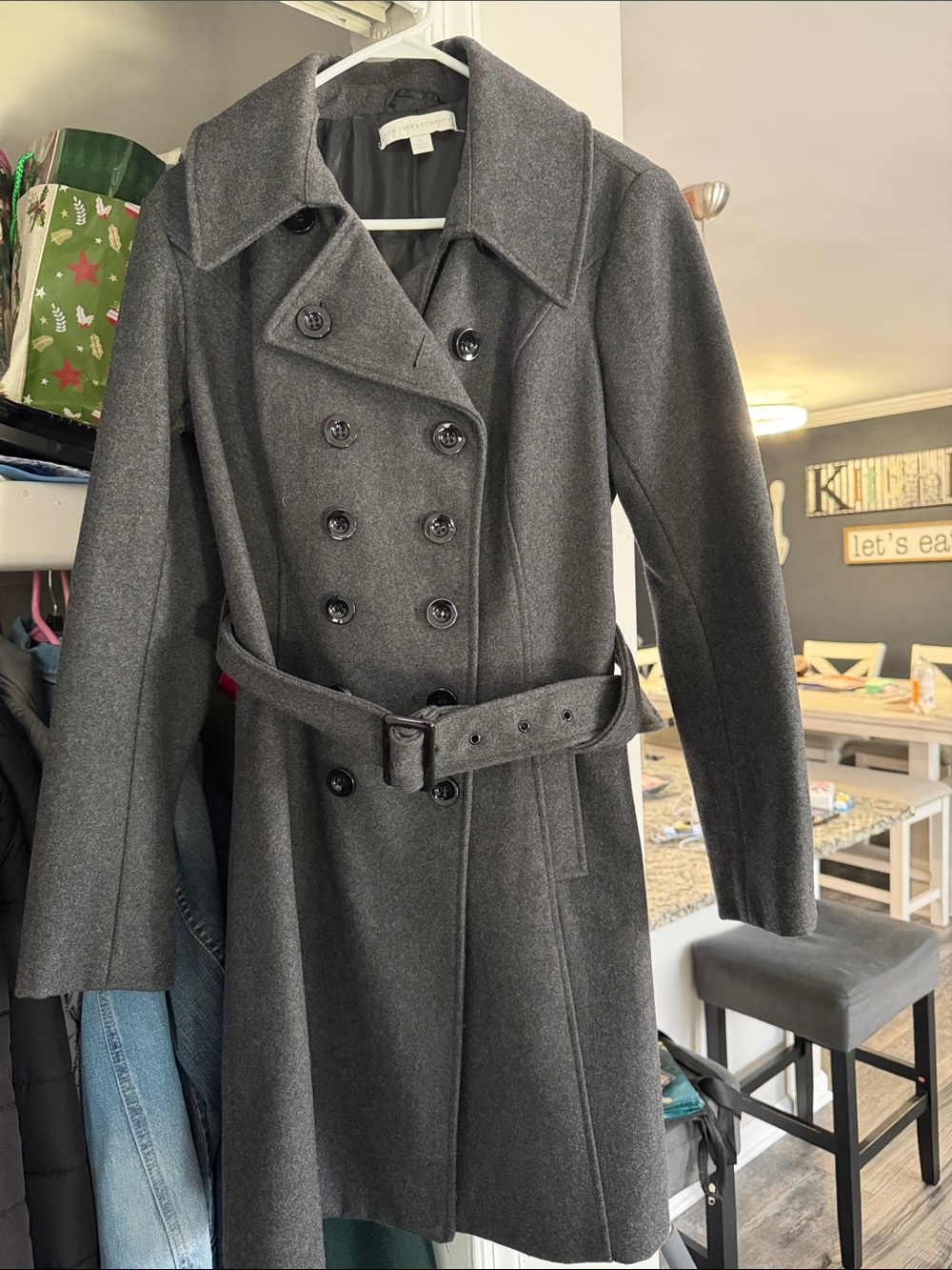 New York & Company Charcoal Gray Double-Breasted Belted Pea Coat